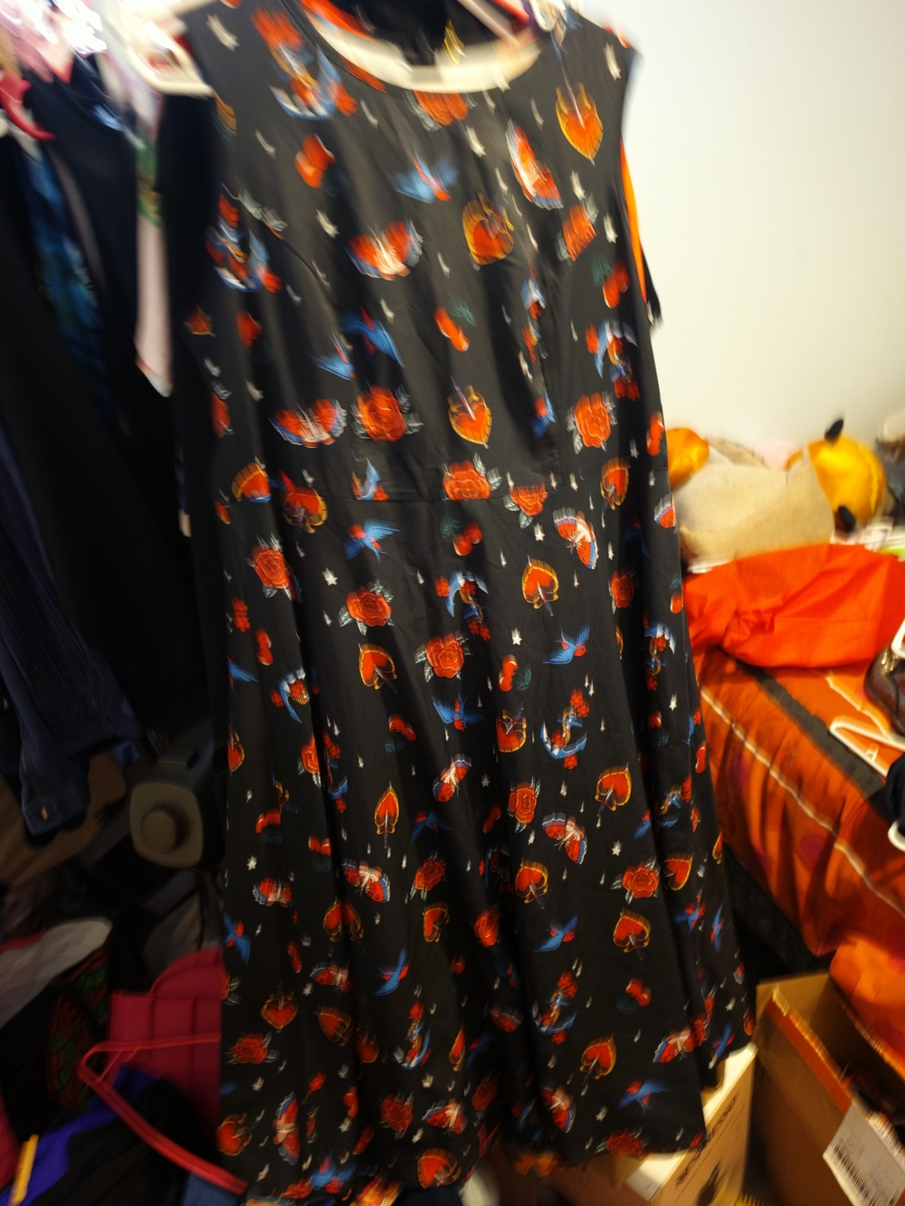 Black A-Line Dress with Red Rose & Blue Bird Print